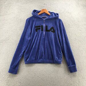 Fila Hoodie Sweatshirt Womens M Velour Blue 1/2 Zip Long Sleeves Side Pockets